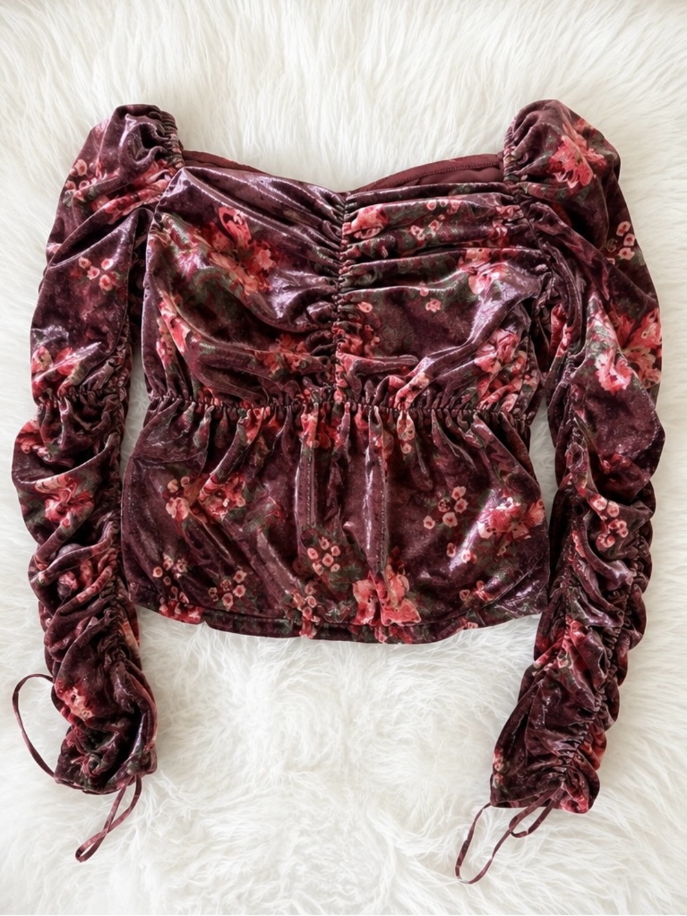 Free People Velvet Floral Ruched Long Sleeve Top Small Mauve Pink Boho Romantic
